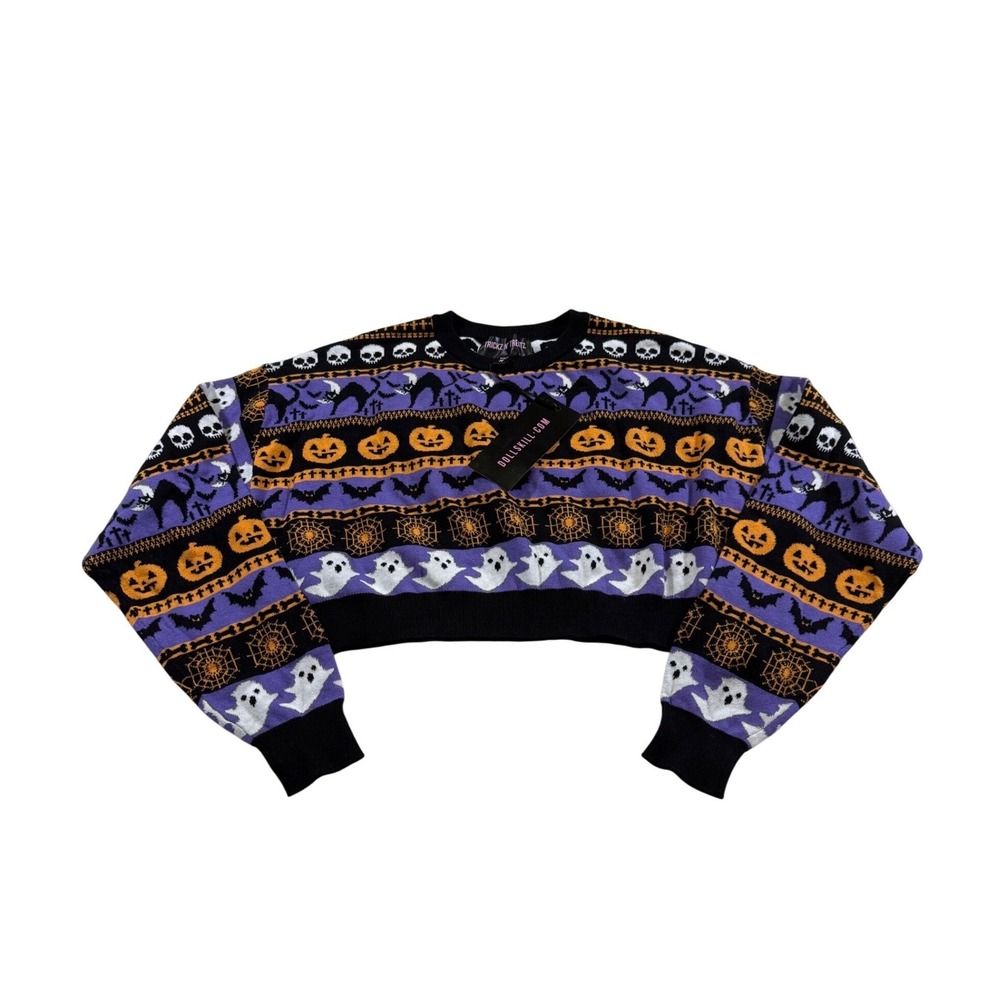 Dollskill Trickz N' Treatz Halloween Cropped Sweater Spooky Fair Isle Ghost M - Picture 1 of 7